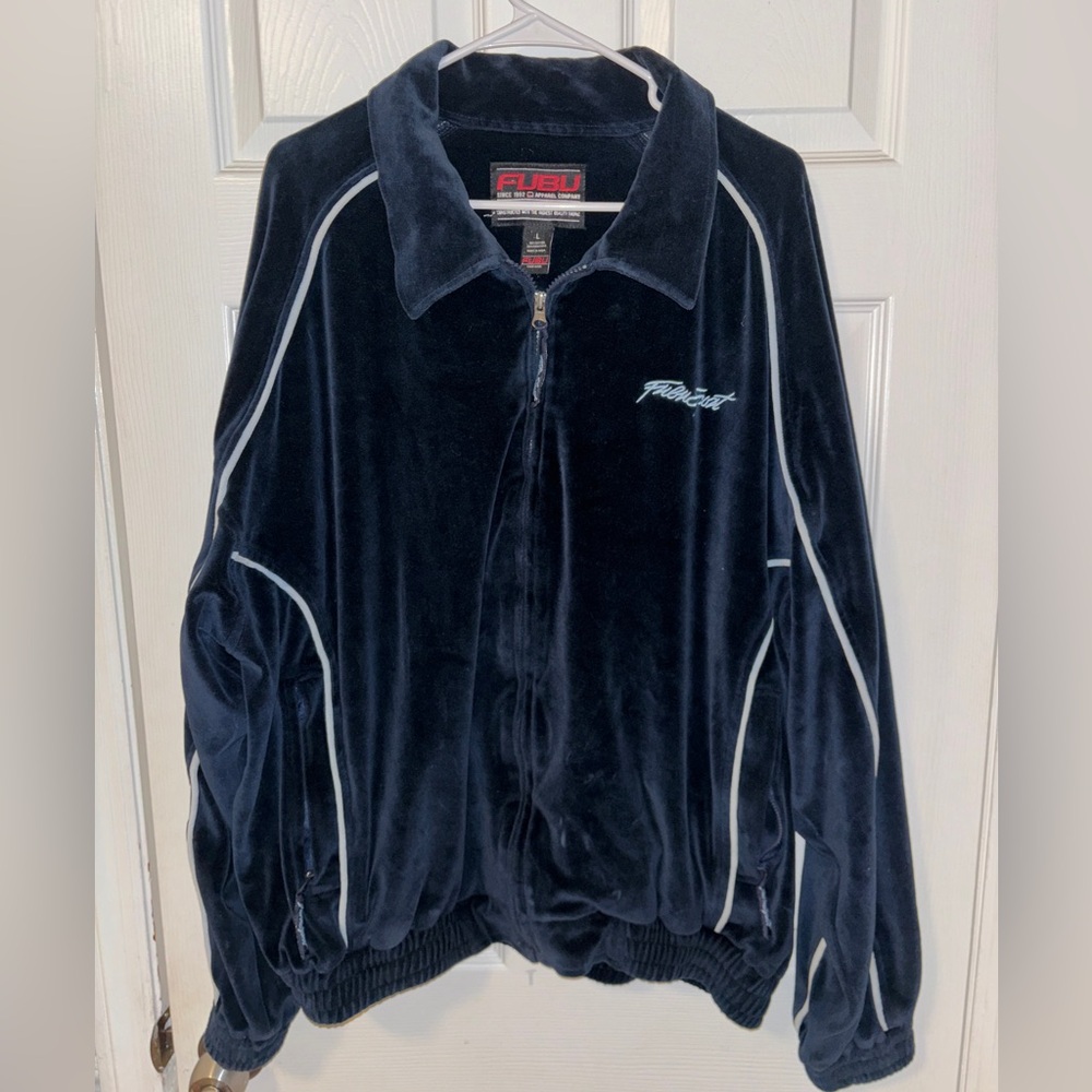 FUBU Velour Track Suit Jacket Velvety Sheen Navy Blue Vintage 1990s Y2K L to XL